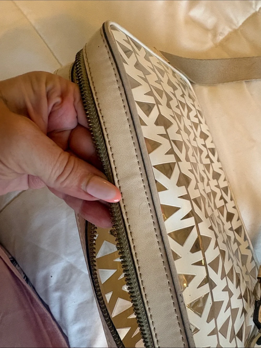 Michael Kors Taupe & White MK Logo Camera Crossbody